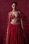 Shop_LASHKARAA_Red Crepe Silk Embroidered Zari Plunge V Floral Waist Lehenga Set _at_Aza_Fashions