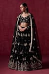 Shop_LASHKARAA_Black Satin Embroidered Zari Leaf Floral Butta Lehenga Set _Online_at_Aza_Fashions