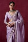 Shop_LASHKARAA_Purple Silk Embroidered Zari V Neck Hem Pre-draped Saree With Blouse _at_Aza_Fashions