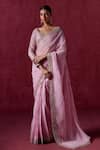 Buy_LASHKARAA_Pink Organza Embroidered Zari Leaf Scallop Hem Saree With Blouse _at_Aza_Fashions