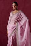 Shop_LASHKARAA_Pink Organza Embroidered Zari Leaf Scallop Hem Saree With Blouse _at_Aza_Fashions