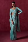 Buy_LASHKARAA_Green Silk Embroidered Zari Leaf Geometric Pattern Pre-draped Saree With Blouse _at_Aza_Fashions