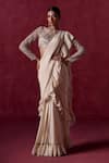 Buy_LASHKARAA_Beige Crepe Embroidered Zari High Ruffle Pre-draped Saree With Blouse _at_Aza_Fashions