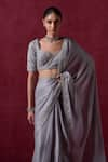 Shop_LASHKARAA_Grey Silk Embroidered Zari Leaf Scallop Hem Pre-draped Saree With Blouse _at_Aza_Fashions