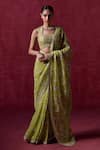 Buy_LASHKARAA_Green Net Embroidered Zari Square Floral Veil Pre-draped Saree With Blouse _at_Aza_Fashions