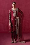 Buy_LASHKARAA_Maroon Silk Embroidery Zari Round Neck Floral Kurta Pant Set _at_Aza_Fashions