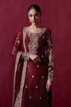 Shop_LASHKARAA_Maroon Silk Embroidery Zari Round Neck Floral Kurta Pant Set _at_Aza_Fashions