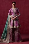 Buy_LASHKARAA_Purple Net Embroidery Zari Round Neck Linear Floral Peplum Kurta Gharara Set _at_Aza_Fashions