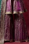 Buy_LASHKARAA_Purple Net Embroidery Zari Round Neck Linear Floral Peplum Kurta Gharara Set _Online_at_Aza_Fashions