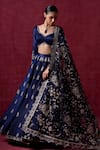 Shop_LASHKARAA_Blue Satin Embroidery Zari Paan Neck Floral Butti Lehenga Set _Online_at_Aza_Fashions