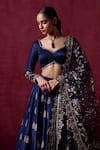 Shop_LASHKARAA_Blue Satin Embroidery Zari Paan Neck Floral Butti Lehenga Set _at_Aza_Fashions