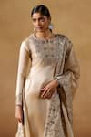 Shop_LASHKARAA_Beige Organza Embroidered Zari Notched Floral Yoke Kurta Palazzo Set _at_Aza_Fashions