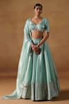 Buy_LASHKARAA_Blue Organza Embroidered Zari V-neck Geometric Jaal Lehenga Set _at_Aza_Fashions