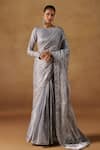 Buy_LASHKARAA_Grey Organza Embroidered Zari Boat Floral Branch Saree With Blouse _at_Aza_Fashions