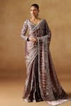 Buy_LASHKARAA_Brown Organza Embroidered Zari Leaf Stripe Sequin Saree With Blouse _at_Aza_Fashions