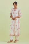 Buy_Kora_Off White Silk, Cotton, Chanderi Embroidery Hand Block Print Kurta Pant Set _Online_at_Aza_Fashions