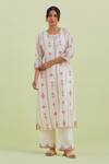 Buy_Kora_Off White Silk, Chanderi, Cotton Embroidery, Hand Block Print Kurta Pant Set _Online_at_Aza_Fashions
