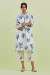 Buy_Kora_Off White Silk, Cotton, Chanderi Embroidery, Mirrors Floral Print Kurta Pant Set _at_Aza_Fashions