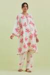 Kora_Off White Handloom Cotton, Cotton, Chanderi Floral Print Kurta Pant Set _Online_at_Aza_Fashions