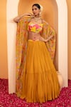 Shop_SWATI WADHWANI COUTURE_Yellow Crepe Embellished Floral Blouse Ruhani Printed Cape With Lehenga Set _Online_at_Aza_Fashions