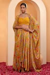 Buy_SWATI WADHWANI COUTURE_Yellow Crepe Embellished Floral Blouse Saanjh Printed Skirt Set With Cape _at_Aza_Fashions