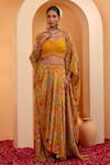 SWATI WADHWANI COUTURE_Yellow Crepe Embellished Floral Blouse Saanjh Printed Skirt Set With Cape _Online_at_Aza_Fashions