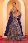 SWATI WADHWANI COUTURE_Blue Crepe Embellished Floral Plunge V Riwaaz Blouse Lehenga Set _Online_at_Aza_Fashions