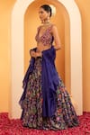 Buy_SWATI WADHWANI COUTURE_Blue Crepe Embellished Floral Plunge V Riwaaz Blouse Lehenga Set _Online_at_Aza_Fashions