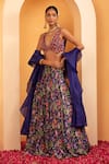 SWATI WADHWANI COUTURE_Blue Crepe Embellished Floral Plunge V Riwaaz Blouse Lehenga Set _at_Aza_Fashions