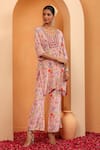 Buy_SWATI WADHWANI COUTURE_Pink Crepe Floral Notched Round Zariya Printed Kurta With Pant _Online_at_Aza_Fashions