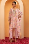 Buy_SWATI WADHWANI COUTURE_Pink Crepe Floral Notched Round Zariya Printed Kaftan With Pant _at_Aza_Fashions