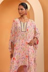 SWATI WADHWANI COUTURE_Pink Crepe Floral Notched Round Zariya Printed Kaftan With Pant _Online_at_Aza_Fashions