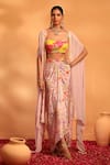 Buy_SWATI WADHWANI COUTURE_Pink Crepe Printed Floral Blouse Scoop Adaa Draped Skirt Set With Cape _at_Aza_Fashions