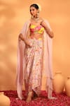 SWATI WADHWANI COUTURE_Pink Crepe Printed Floral Blouse Scoop Adaa Draped Skirt Set With Cape _Online_at_Aza_Fashions