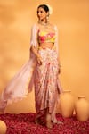 Buy_SWATI WADHWANI COUTURE_Pink Crepe Printed Floral Blouse Scoop Adaa Draped Skirt Set With Cape _Online_at_Aza_Fashions