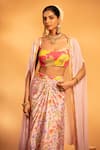 Shop_SWATI WADHWANI COUTURE_Pink Crepe Printed Floral Blouse Scoop Adaa Draped Skirt Set With Cape _Online_at_Aza_Fashions