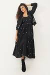 Shop_Indigo Dreams_Black 100% Cotton Hand Woven Geometric Jamdani Maple Bralette Dress With Jacket _Online_at_Aza_Fashions