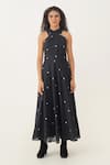 Indigo Dreams_Black 100% Cotton Hand Woven Circular Jamdani Halter Meadow Maxi Dress _Online_at_Aza_Fashions