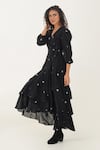 Shop_Indigo Dreams_Black 100% Cotton Hand Woven Circular Jamdani V-neck Oak Wrap Dress _Online_at_Aza_Fashions