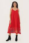 Buy_Indigo Dreams_Red 100% Cotton Hand Woven Geometric Jamdani Scallop Poppy Dress _at_Aza_Fashions