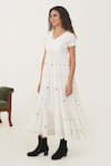 Shop_Indigo Dreams_White 100% Cotton Handwoven Circle V-neck Acacia Jamdani Dress _Online_at_Aza_Fashions