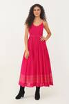 Buy_Indigo Dreams_Pink 100% Cotton Handwoven Jamdani Scalloped V Dress With Belt _at_Aza_Fashions