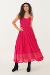 Buy_Indigo Dreams_Pink 100% Cotton Handwoven Jamdani Scalloped V Dress With Belt _Online_at_Aza_Fashions