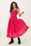 Shop_Indigo Dreams_Pink 100% Cotton Handwoven Jamdani Scalloped V Dress With Belt _Online_at_Aza_Fashions