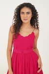 Indigo Dreams_Pink 100% Cotton Handwoven Jamdani Scalloped V Dress With Belt _at_Aza_Fashions