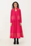 Indigo Dreams_Pink 100% Cotton Handwoven Jamdani Dress Scalloped V Jacket Set _Online_at_Aza_Fashions