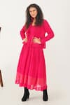 Indigo Dreams_Pink 100% Cotton Handwoven Jamdani Dress Scalloped V And Jacket Set _at_Aza_Fashions