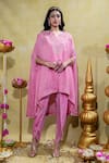 Buy_Sheela Suthar_Pink Crepe Embroidery Stripe Lotus Zardosi Asymmetric Cape And Tulip Pant Set _at_Aza_Fashions