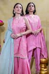 Sheela Suthar_Pink Crepe Embroidery Stripe Lotus Zardosi Asymmetric Cape And Tulip Pant Set _Online_at_Aza_Fashions