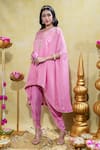 Buy_Sheela Suthar_Pink Crepe Embroidery Stripe Lotus Zardosi Asymmetric Cape And Tulip Pant Set _Online_at_Aza_Fashions